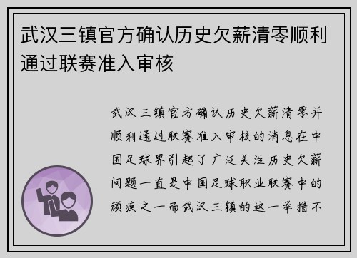 武汉三镇官方确认历史欠薪清零顺利通过联赛准入审核